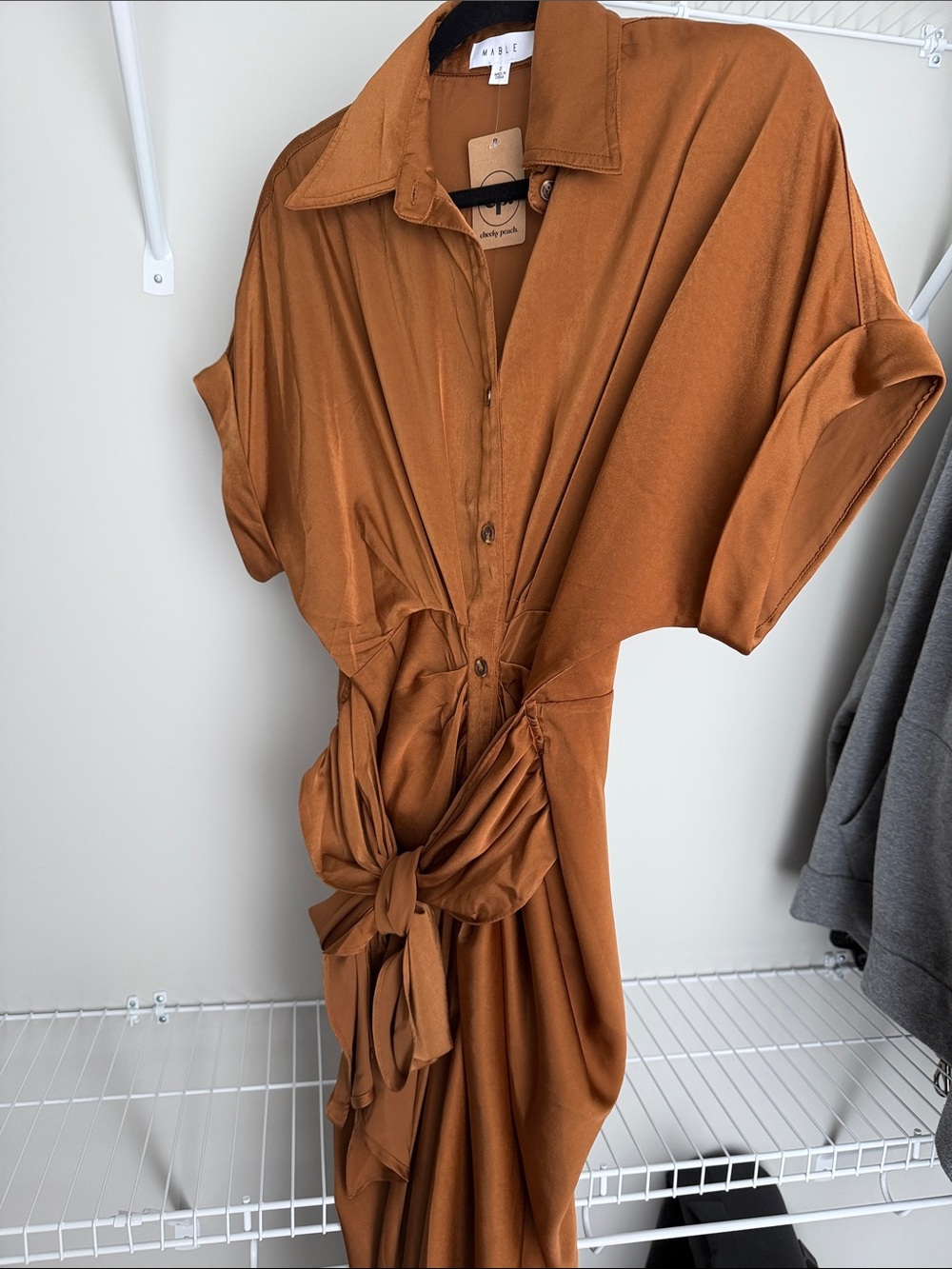 MARBLE Burnt Orange Midi Shirt Dress with Front Tie